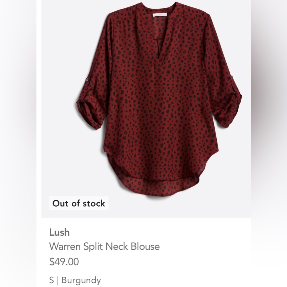 Lush. Warren split neck blouse. Burgandy. Small.